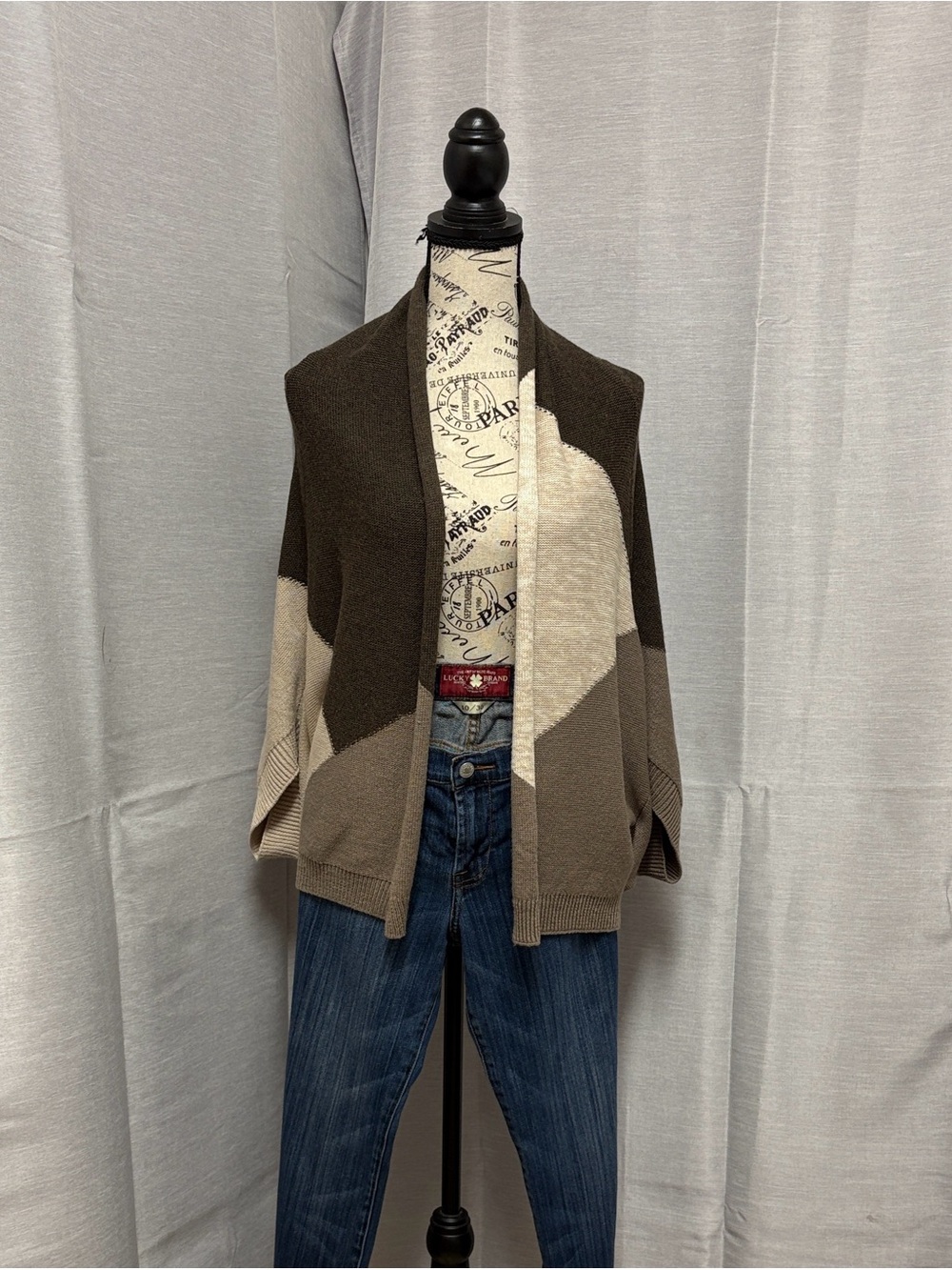 Kenneth Cole New York Open Front Cardigan Patchwork Wing Short Sleeve Sz S